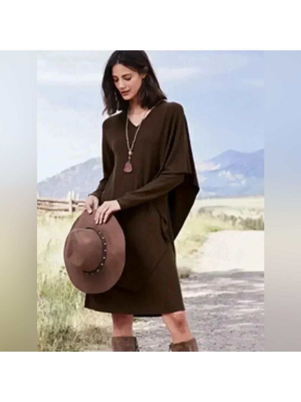 Soft Surroundings Marla Lagenlook Minimalist Midi Dark Brown Dress L NWT
